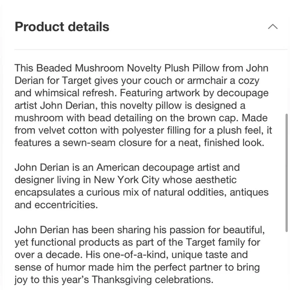 John Derian Mushroom Pillow NEW